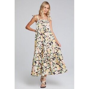 Saltwater Luxe Floral Tie Shoulder Tiered Maxi Dress Small Black Boho Summer